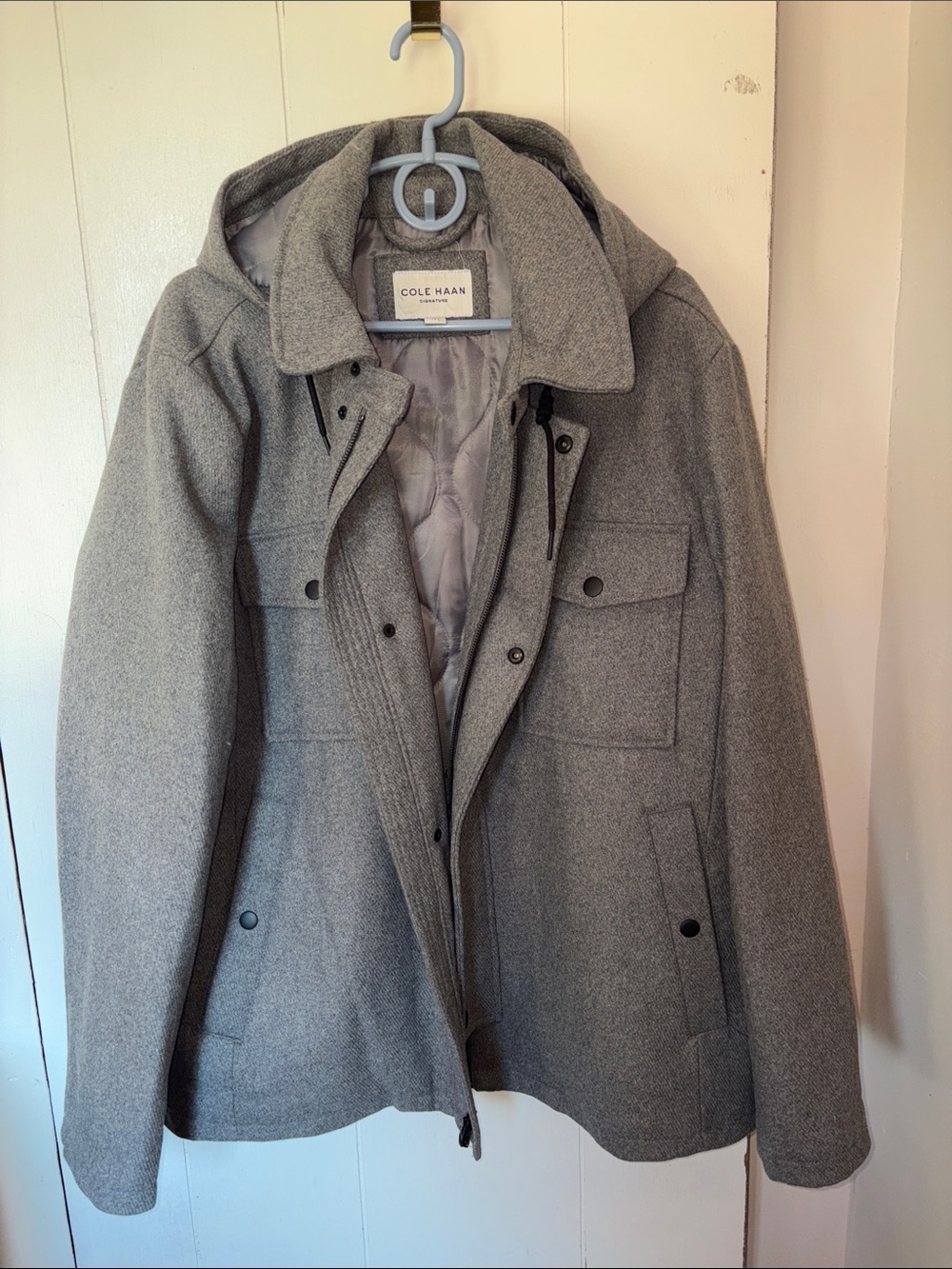 Cole Haan Gray Wool-Blend Hooded Pea Coat size XXL